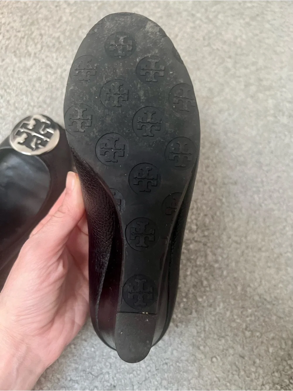 Tory Burch Sally Wedge Pumps in Black Tumbled / Pebbled Leather- 8M